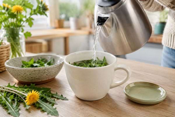 Eau chaude versée sur des feuilles de pissenlit pour préparer une tisane