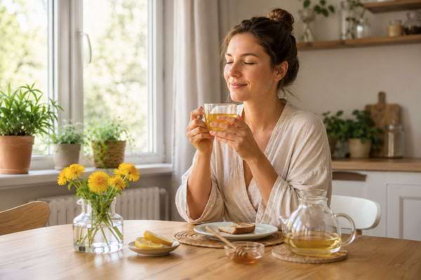 Femme dégustant une tisane de pissenlit dans une cuisine lumineuse