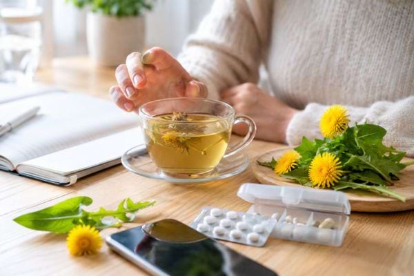 Tisane de pissenlit avec fleurs fraîches et médicaments sur une table