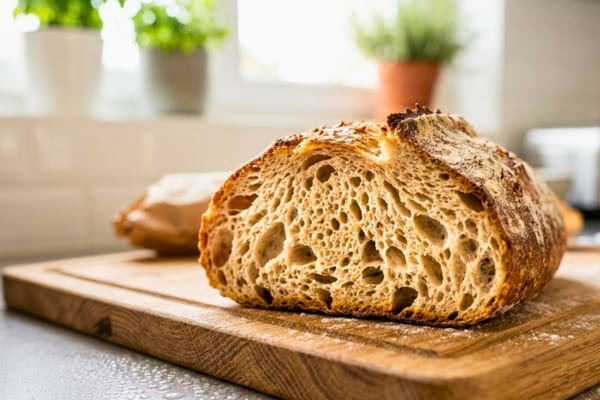 une tranche de pain de campagne posée sur une planche à découper en bois dans une cuisine