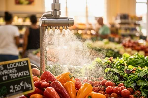 un système de nébulisation métallique diffusant un nuage de microgouttelettes au-dessus de légumes