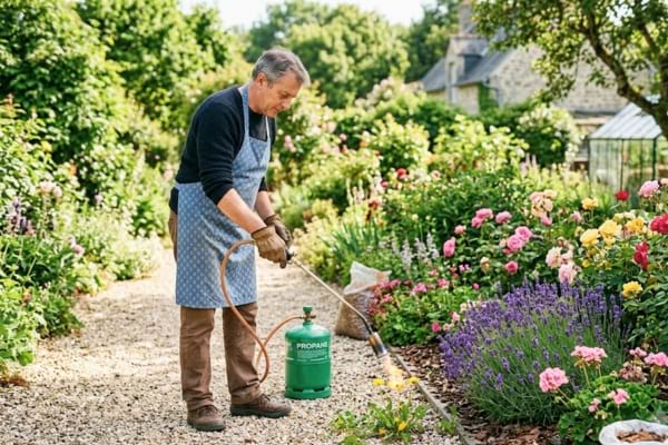un jardinier utilisant un désherbeur thermique à gaz