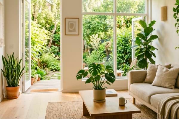 n salon moderne, &eacute;pur&eacute; et lumineux, avec de grandes baies vitr&eacute;es