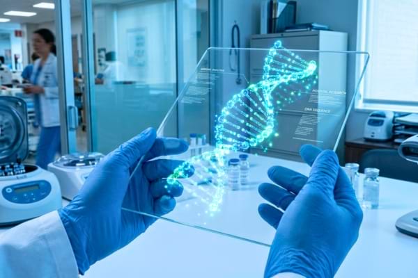 une structure d'ADN lumineuse en 3D projetée sur une tablette en verre