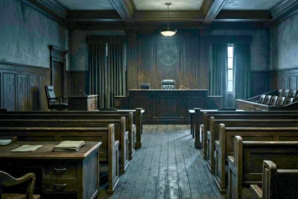 an empty and gloomy 1980s courtroom, wooden benches, judge's desk, dramatic shadows,