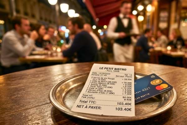 'une addition de restaurant posée sur une petite coupelle métallique