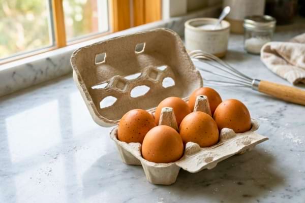 Une boîte en carton alvéolé ouverte contenant six œufs frais à coquille brune