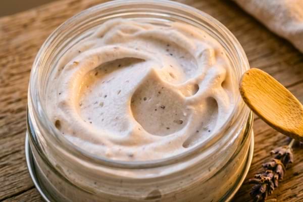 une texture de crème onctueuse et fouettée à l'intérieur d'un pot en verre