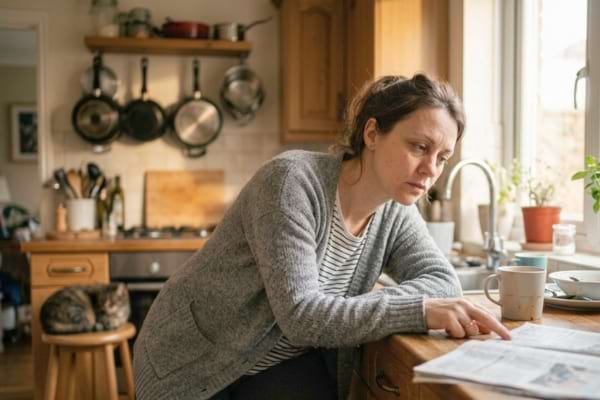 une femme épuisée dans sa cuisine