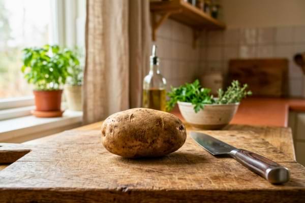 ne belle pomme de terre crue, pos&eacute;e sur une planche &agrave; d&eacute;couper en bois rustique