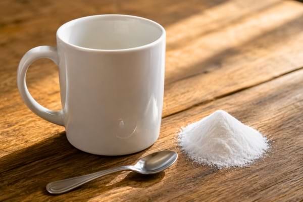 A pristine white ceramic coffee mug next to a small neat pile of white powder