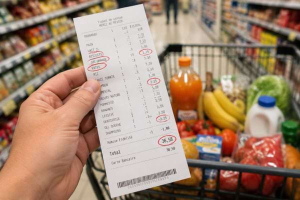 ticket de caisse avec des prix entourées en rouge pour vérification
