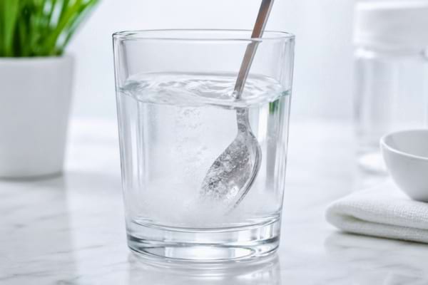 A clear glass of water with a silver spoon stirring dissolving white powder