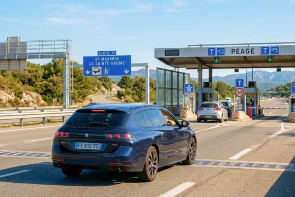 une voiture moderne s'approchant d'une barri&egrave;re de p&eacute;age ensoleill&eacute;e
