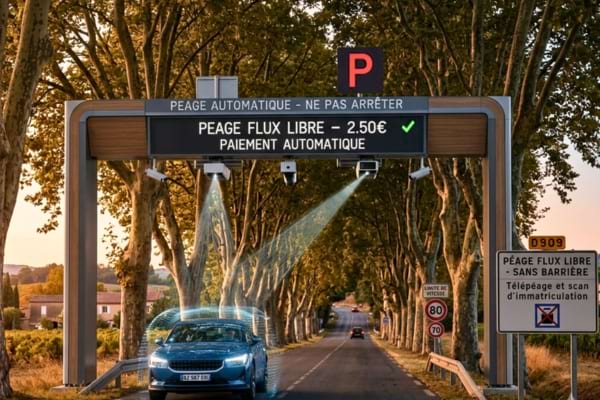 ne route fran&ccedil;aise typique bord&eacute;e de platanes, avec un p&eacute;age moderne sans barri&egrave;re 
