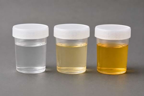 trois verres d'eau alignés sur un fond blanc neutre, contenant des liquides de teintes légèrement différentes