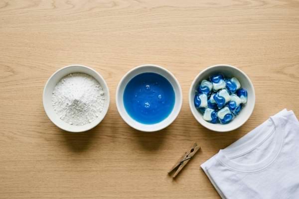 : three white ceramic bowls side by side containing white laundry powder, blue liquid detergent, and blue-and-white laundry capsules