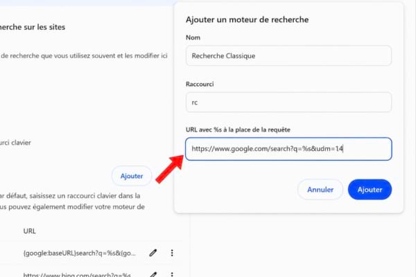 Ajout d'un moteur de recherche dans paramètre chrome