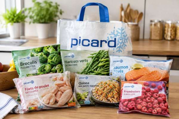 sachet de course avec des produits Picard simples : légumes, fruits, poisson