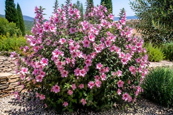 arbre en fleur : althéa dans un jardin en plein été