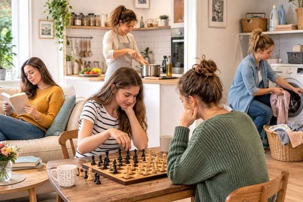 pièce avec cinq femmes qui font des activités différentes pour une énigme