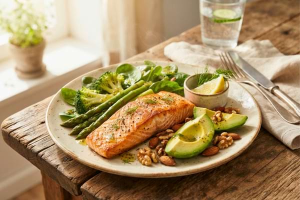 ne table en bois rustique avec une belle assiette contenant un pavé de saumon grillé