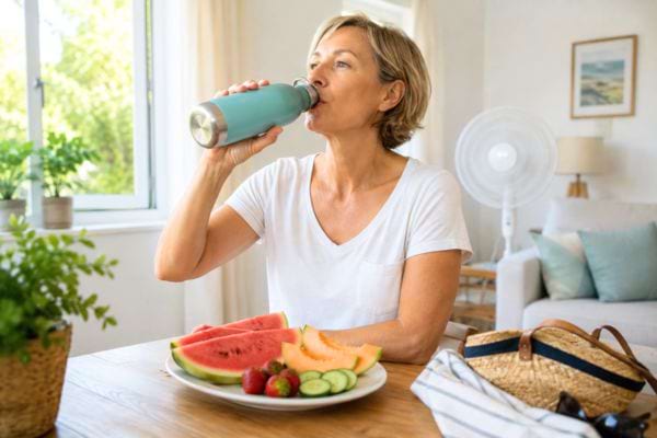 femme qui boit de l'eau dans un gourde devant une assiette de fruits rafraîchissants et hydratants