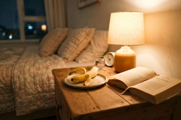 une table de chevet en bois avec une lampe allumée diffusant une lumière chaude