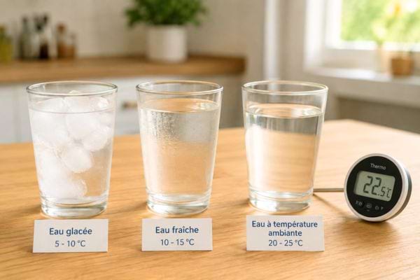 3 verres d'eau avec des températures différentes pour bien s'hydrater en été