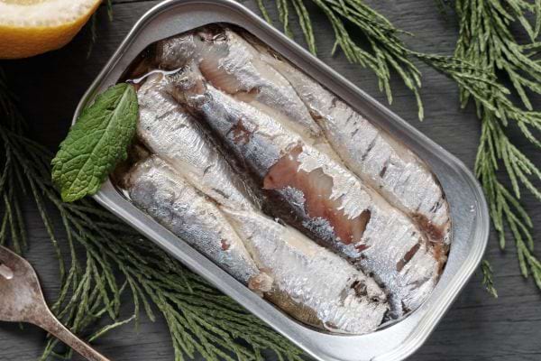une boite de sardine ouvete au naturel avec des citrons et une feuille de menthe et du romain
