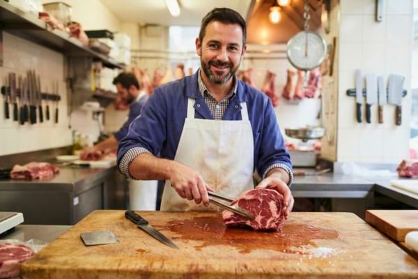 A professional butcher holding a beautiful, fresh cut of raw beef on a wooden cutting board