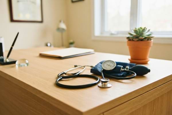un stéthoscope et d'un tensiomètre posés sur le bureau clair d'un médecin