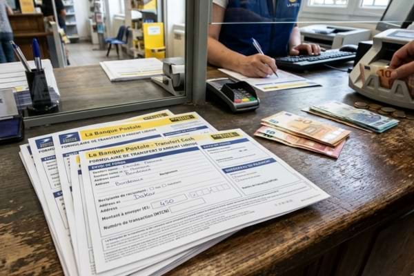 formulaires de transfert d'argent liquide posés sur un comptoir de bureau de poste