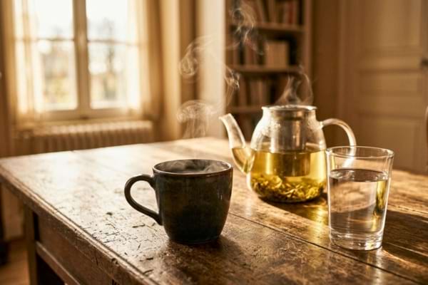une tasse de café noir fumante posée à côté d'un verre d'eau et d'une théière
