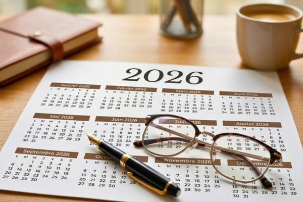 un calendrier de l'année avec des lunettes de vue élégantes posées dessus et un stylo plume