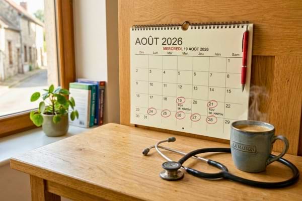 un calendrier mural moderne avec quelques dates entourées au stylo rouge