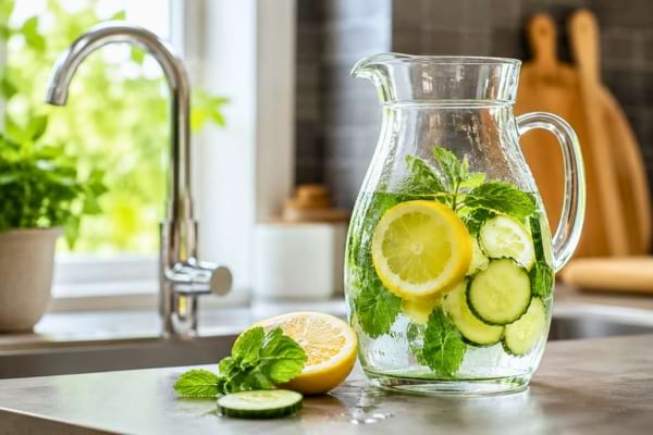 une carafe en verre remplie d'eau avec des rondelles de citron