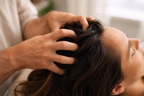 hands running fingers through a woman's long hair, gentle scalp massage