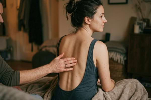 a hand gently sliding down a woman's spine, low key warm ambient light