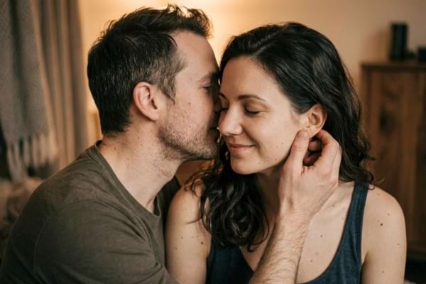a person whispering softly close to a woman's ear, touching the earlobe gently