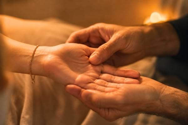 two hands holding tightly with fingers intertwined, close view on palms