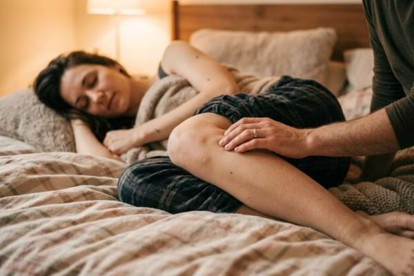 a hand gently touching the back of a woman's knee on a soft bed setting