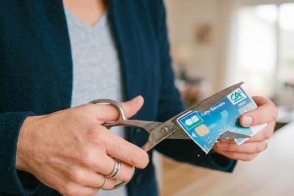 Une personne découpe une carte bancaire au ciseau