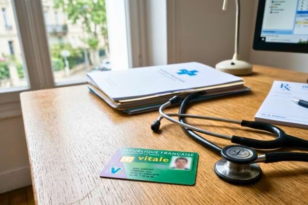 une carte vitale pos&eacute;e &agrave; c&ocirc;t&eacute; d'un st&eacute;thoscope sur un bureau en bois dans un cabinet m&eacute;dical fran&ccedil;ais