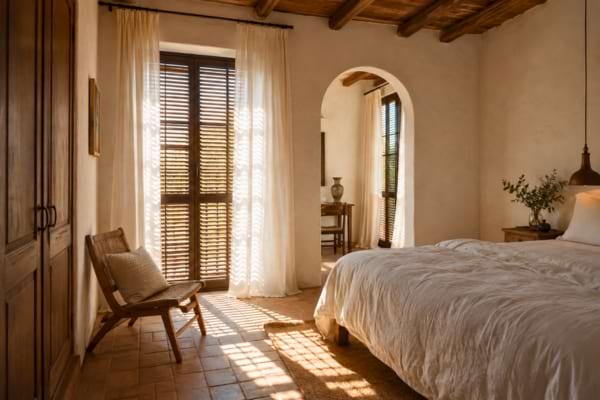 The wooden shutters are half-closed, blocking the bright summer sun