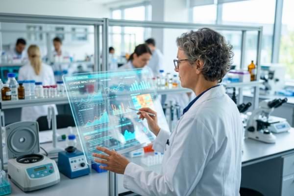 a modern medical researcher in a bright laboratory looking thoughtfully at statistical data