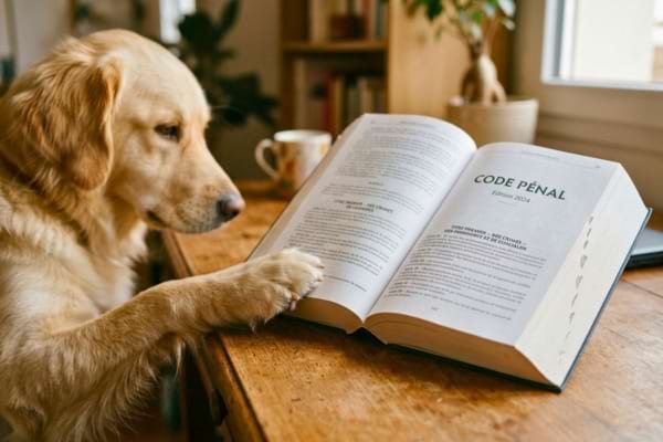 'un Code pénal français ouvert sur un bureau en bois, avec une patte de chien posée