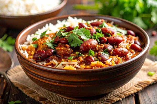 Bol de chili aux haricots rouges servi avec du riz et garni de coriandre fraîche.