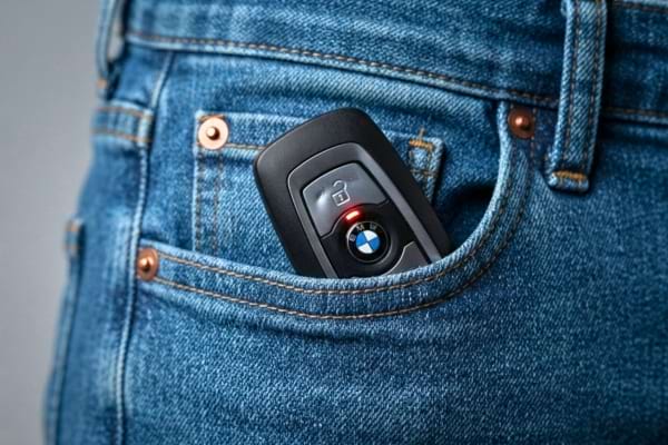 Un jean en gros plan avec une cl&eacute; de voiture visiblement serr&eacute;e dans la poche avant