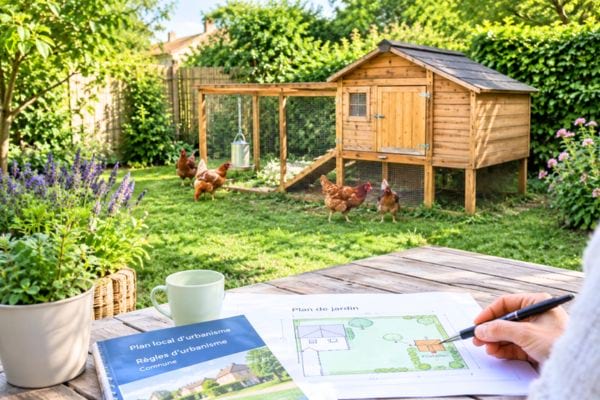 propriétaire de poules qui dessine un poulailler avec un plan
